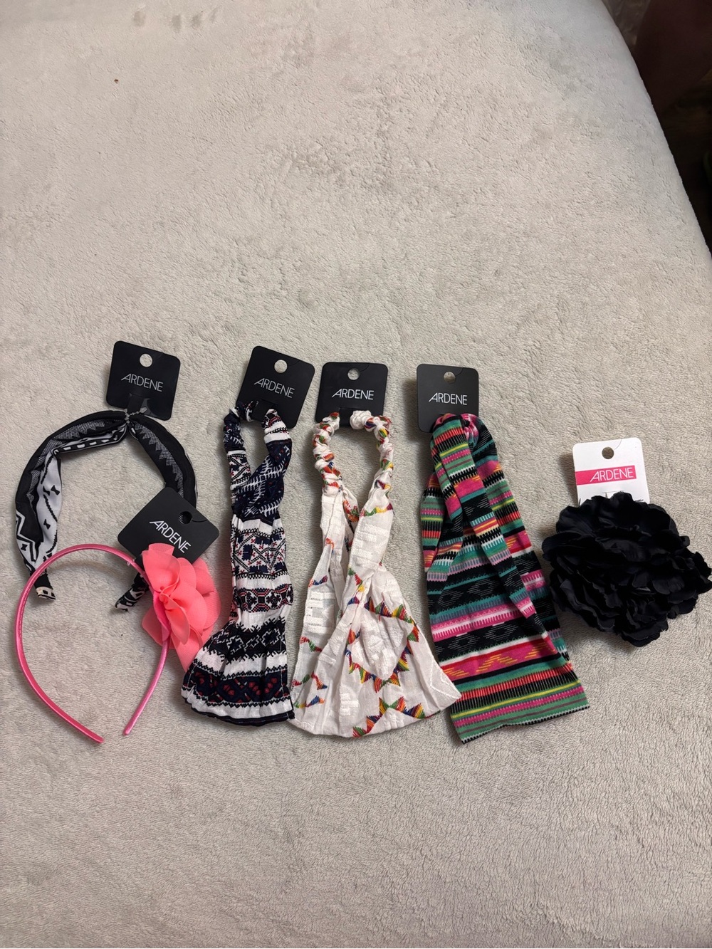 Ardene Hair Set - Pink&Blk Headbands, Black Flower Hairtie & Multi-Pattern Bands